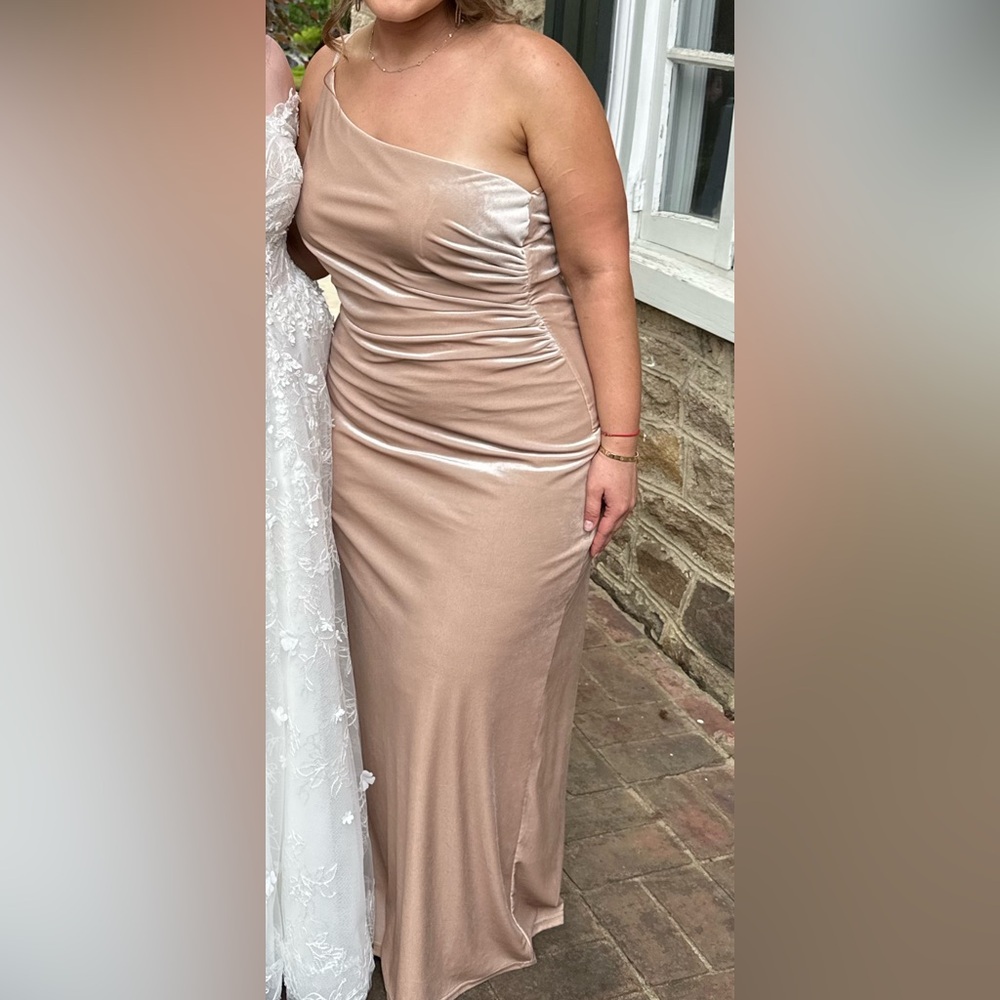 Revelry velvet one shoulder nude dress